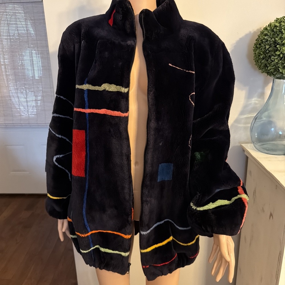 Zuki Saks Fifth Avenue Sheared Beaver Fur Jacket with Abstract Design Size XL - Picture 2 of 16